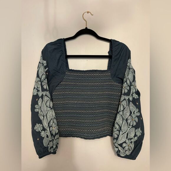 Anthropologie Women’s Small Smocked Embroidered Sequins Puff Sleeve Blue Top - Picture 2 of 11